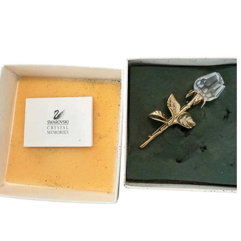 Vintage Swarovski Crystal Memories Rose Brooch Pin Gold Tone 3.25" Boxed